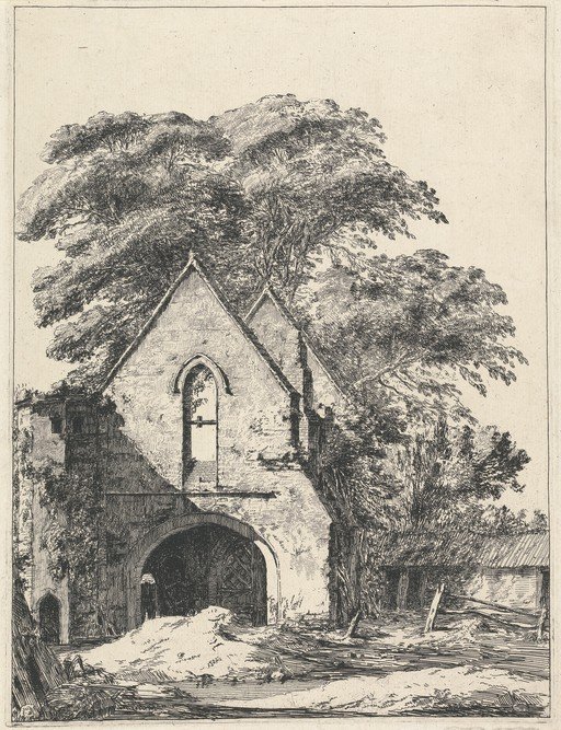 Ruined Archway with Trees and Buildings