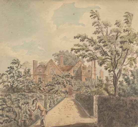 Watercolor of a Manor House and Garden with a Gardener