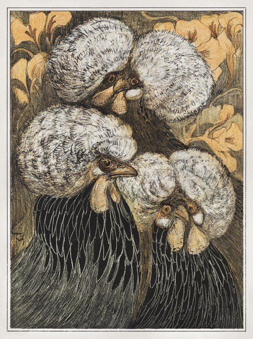Four Crested Chickens in a Floral Setting