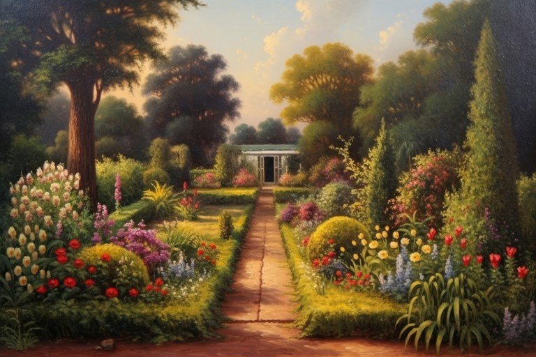 Vibrant Formal Garden with Greenhouse