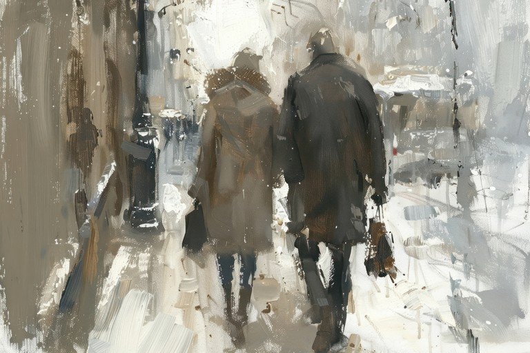 Couple Walking in Snowy City Street