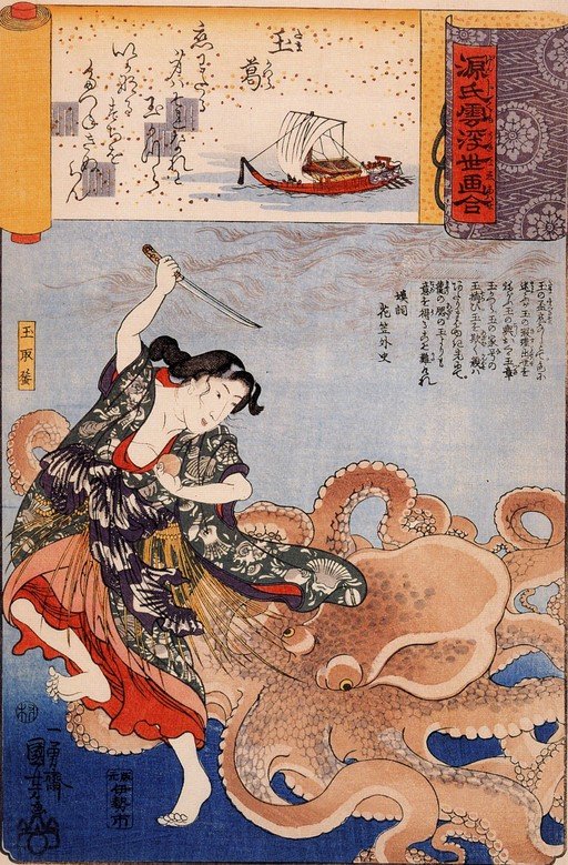 Woman Fights Giant Octopus in Japanese Woodblock Print