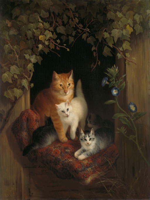 Victorian Painting of Cats on a Rug