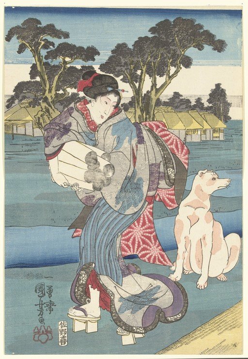Woman with Dog and Scroll in Japanese Woodblock Print