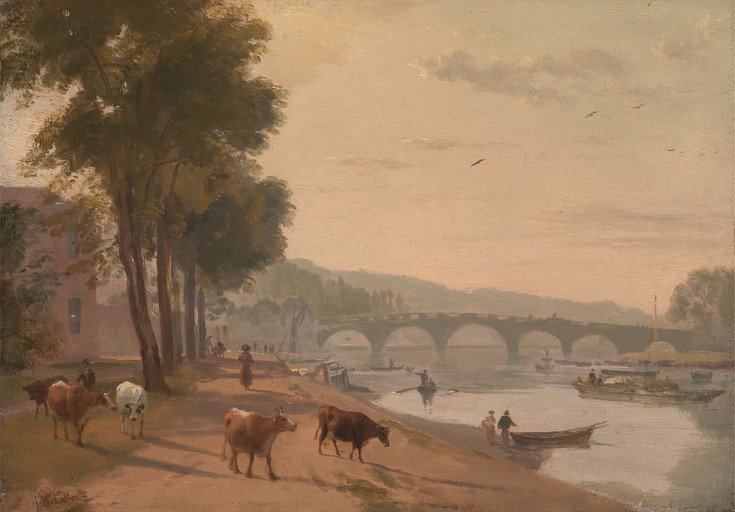 Pastoral River Scene with Bridge and Cattle