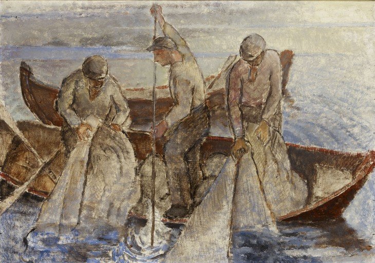 Fishermen Hauling Nets in a Boat