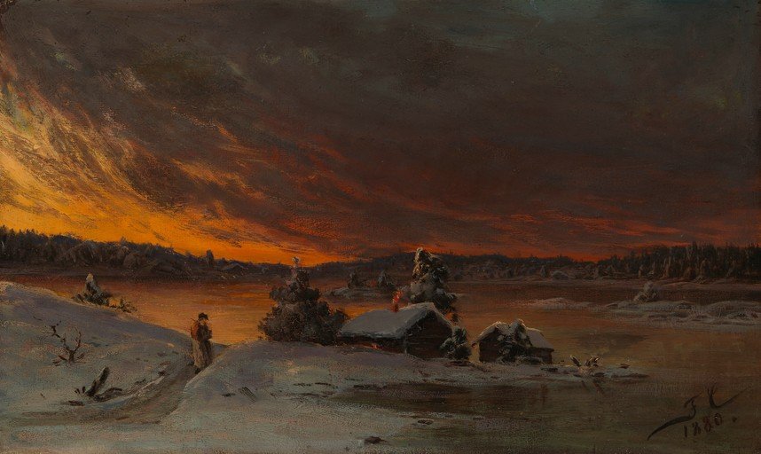 Winter Sunset Over Frozen Landscape with Cabins