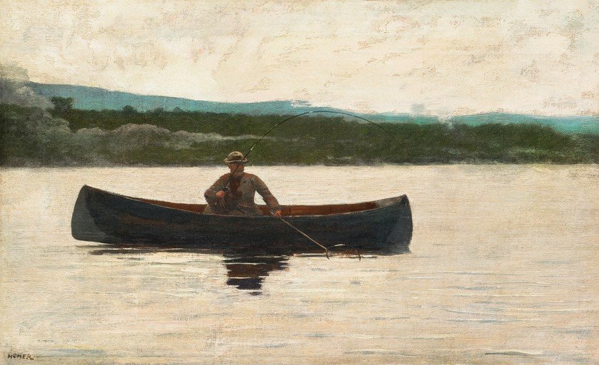 Man Fishing from Canoe in Calm Waters