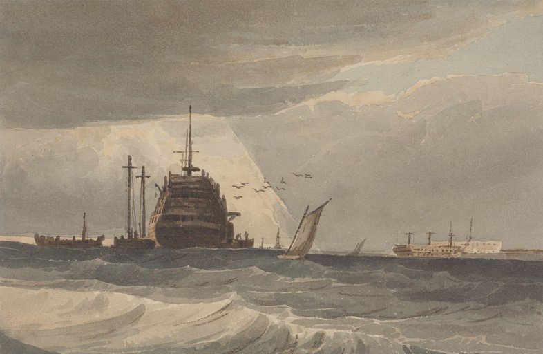 Nautical Scene with Ships and Birds