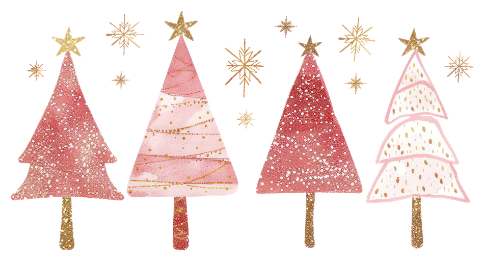 Pink and Gold Christmas Trees with Snowflakes