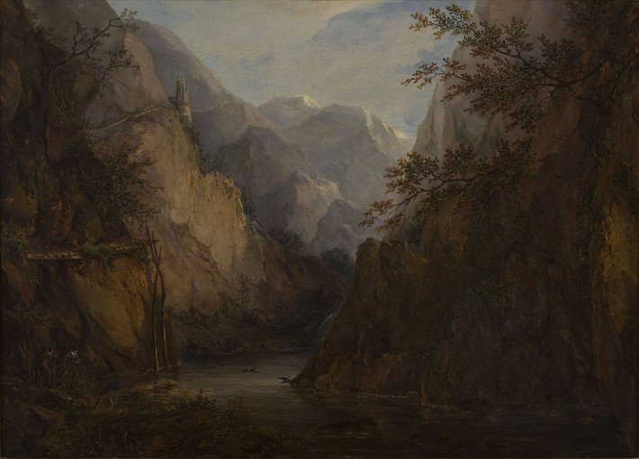 Dramatic Mountain Landscape with River and Tower