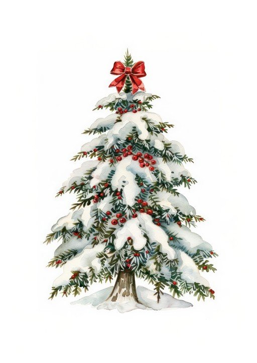 Watercolor Christmas Tree with Snow and Berries