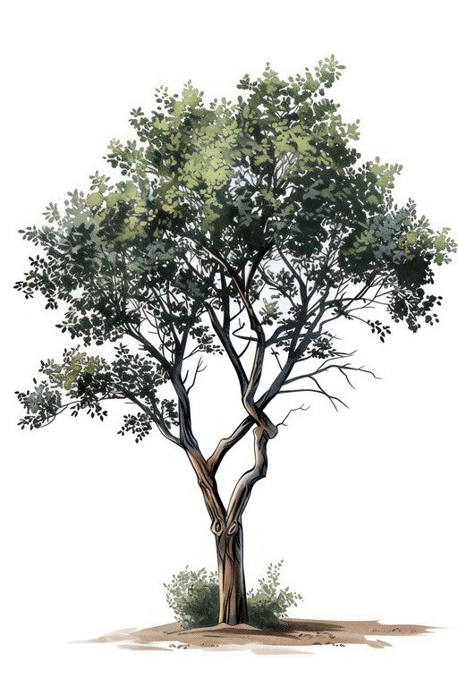 Watercolor Illustration of a Twisted Tree
