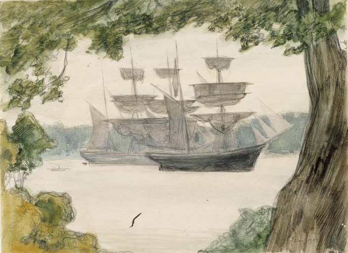 Watercolor painting of sailing ships by a wooded shore