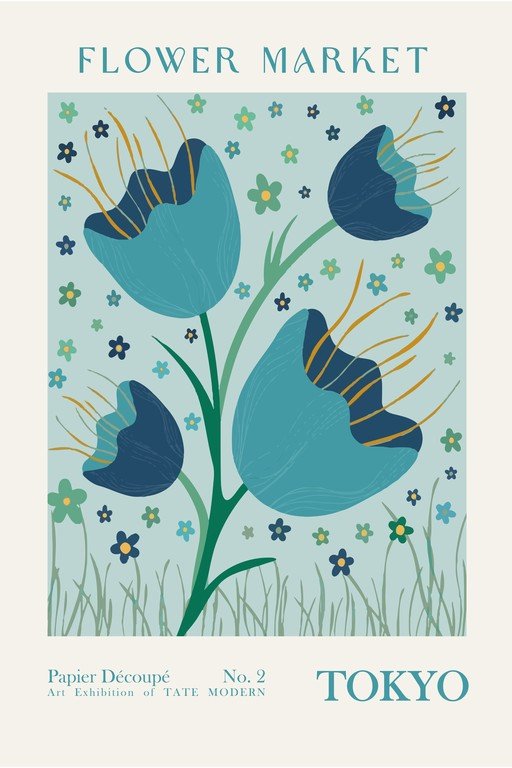 Flower Market Poster with Blue Tulips and Small Flowers