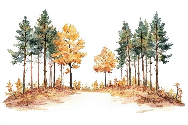 Watercolor Autumn Forest Scene with Path