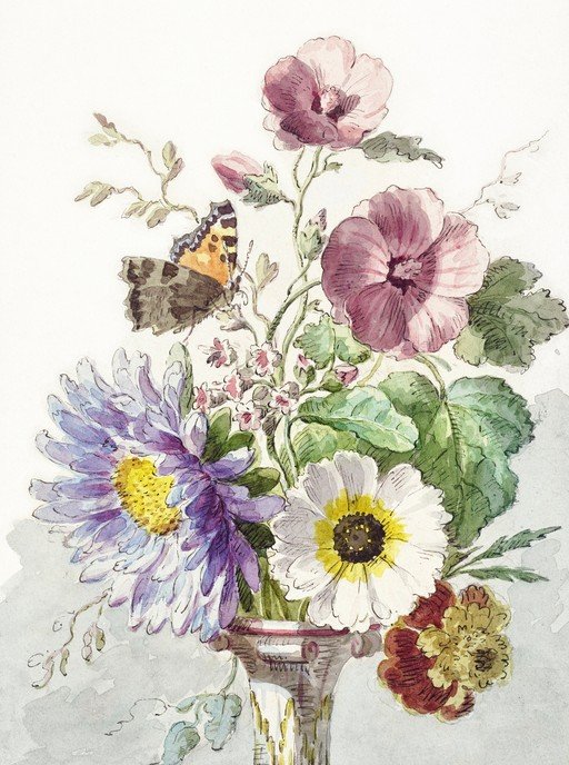 Watercolor Still Life of Flowers and Butterfly