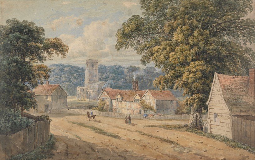 English Village Scene with Church and Farmhouses