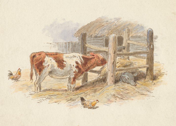 Farmyard Scene with Cow and Chickens