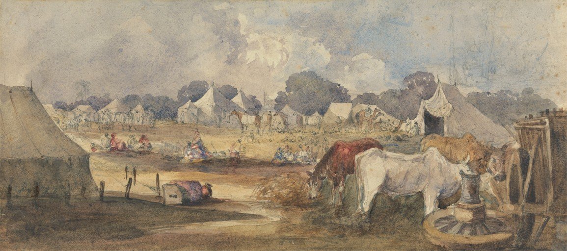 Watercolor of a Busy Camp Scene with Tents and Cattle