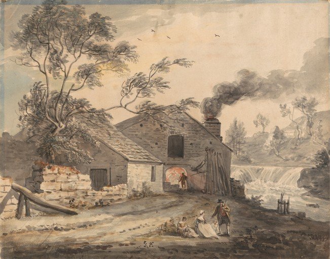 Rural Industrial Scene with Waterfall and Figures