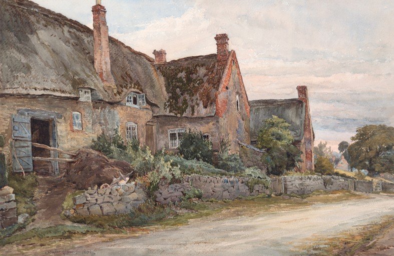 Watercolor of Thatched Cottages and Stone Walls