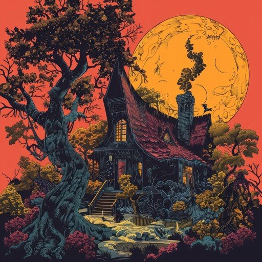 Spooky Witch's House Under a Giant Full Moon