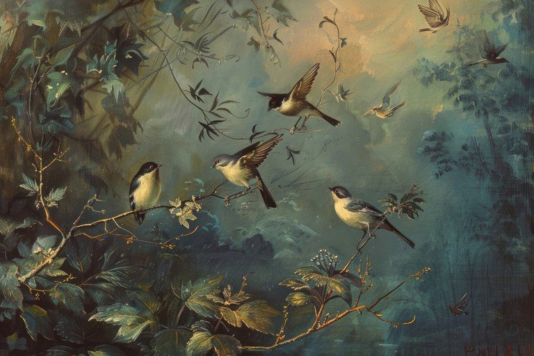 Birds in a Lush, Moody Forest Scene
