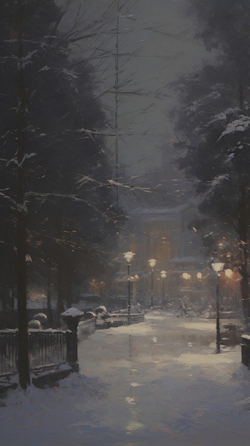 Snowy Park Pathway with Lampposts and Building