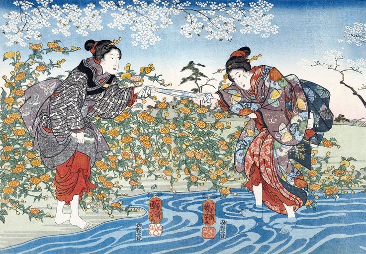 Two Women in a Garden with Cherry Blossoms and Yellow Flowers