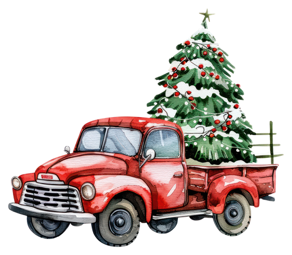 Vintage Red Truck Carrying Christmas Tree