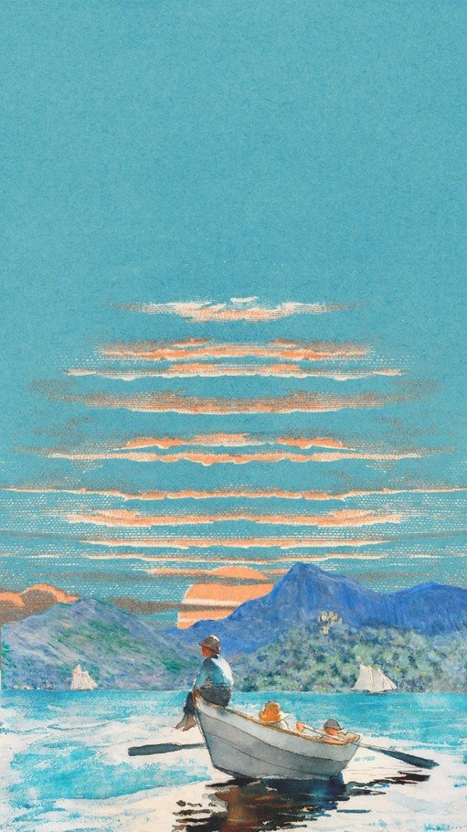 People in a rowboat watching a sunset over mountains