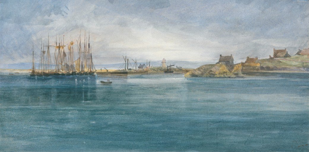 Watercolor painting of a harbor with sailing ships and coastal village