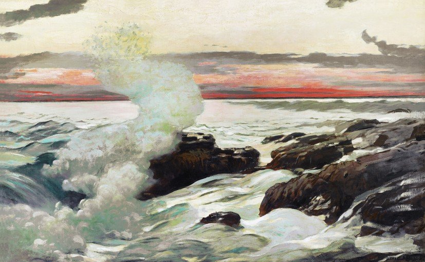 Dramatic Seascape with Crashing Waves and Sunset Sky