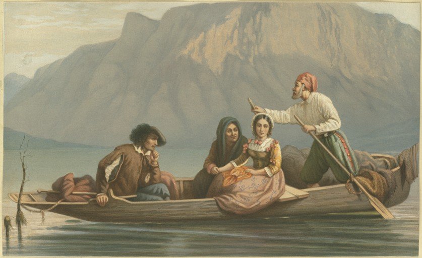 People in a Boat on a Lake with Mountains