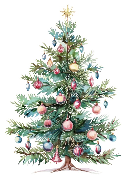 Watercolor Christmas Tree with Ornaments