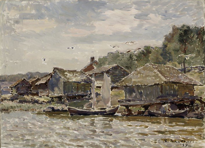 Seaside Village with Sailboat and Seagulls