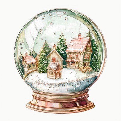 Watercolor Snow Globe with Cozy Village Scene