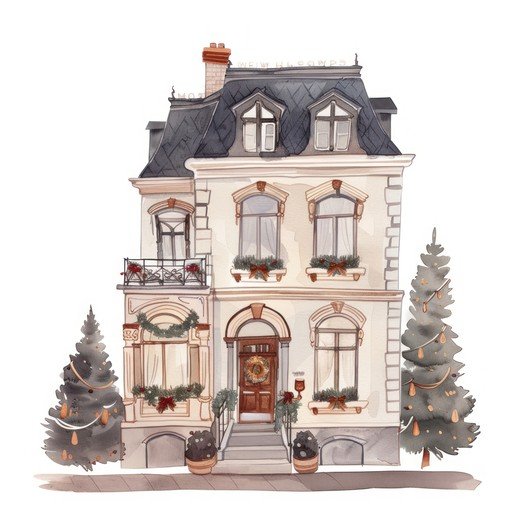 Charming Watercolor House Decorated for Christmas
