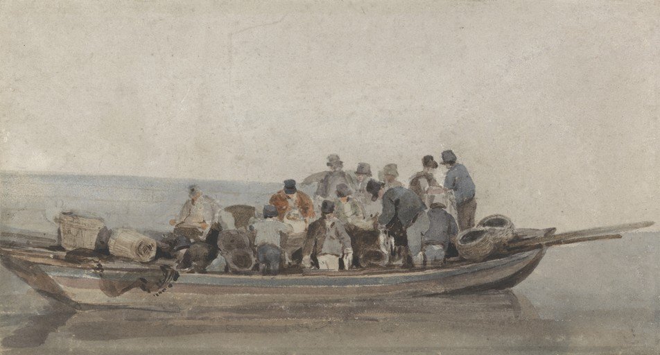 Watercolor of a Boat Laden with People and Baskets