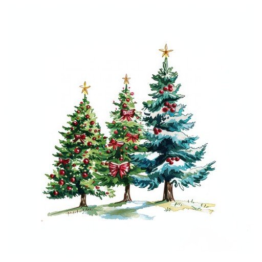Watercolor Christmas Trees with Red Bows and Stars