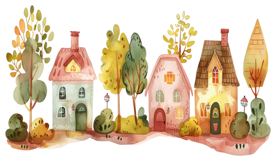 Whimsical Watercolor Village Scene with Autumn Trees