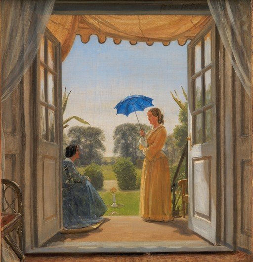 Two Women with Umbrella in Garden Through Open Doors