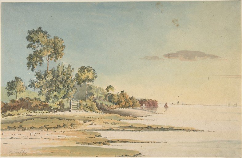 Watercolor Landscape of a Riverbank with Trees and Boats