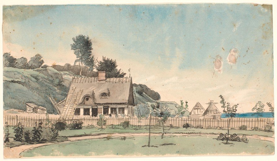 Watercolor of a Thatched-Roof House and Village Scene
