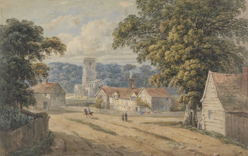 English Village Scene with Church and Farmhouses
