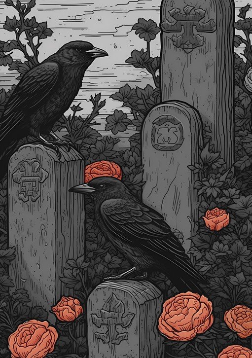 Crows and Roses on Gravestones