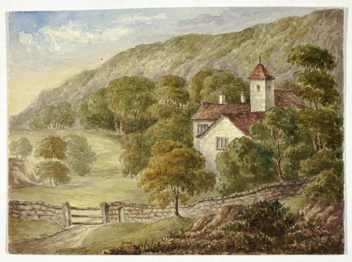 Watercolor Landscape of a Village with a Stone Wall and Gate