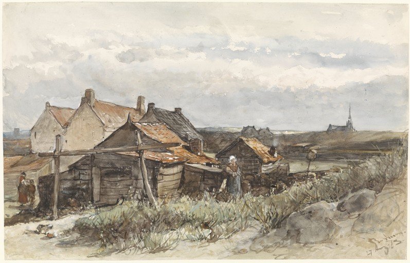 Rural Village Scene with Figures and Church
