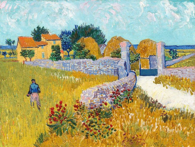 Farmhouse and Haystacks with a Man in a Field